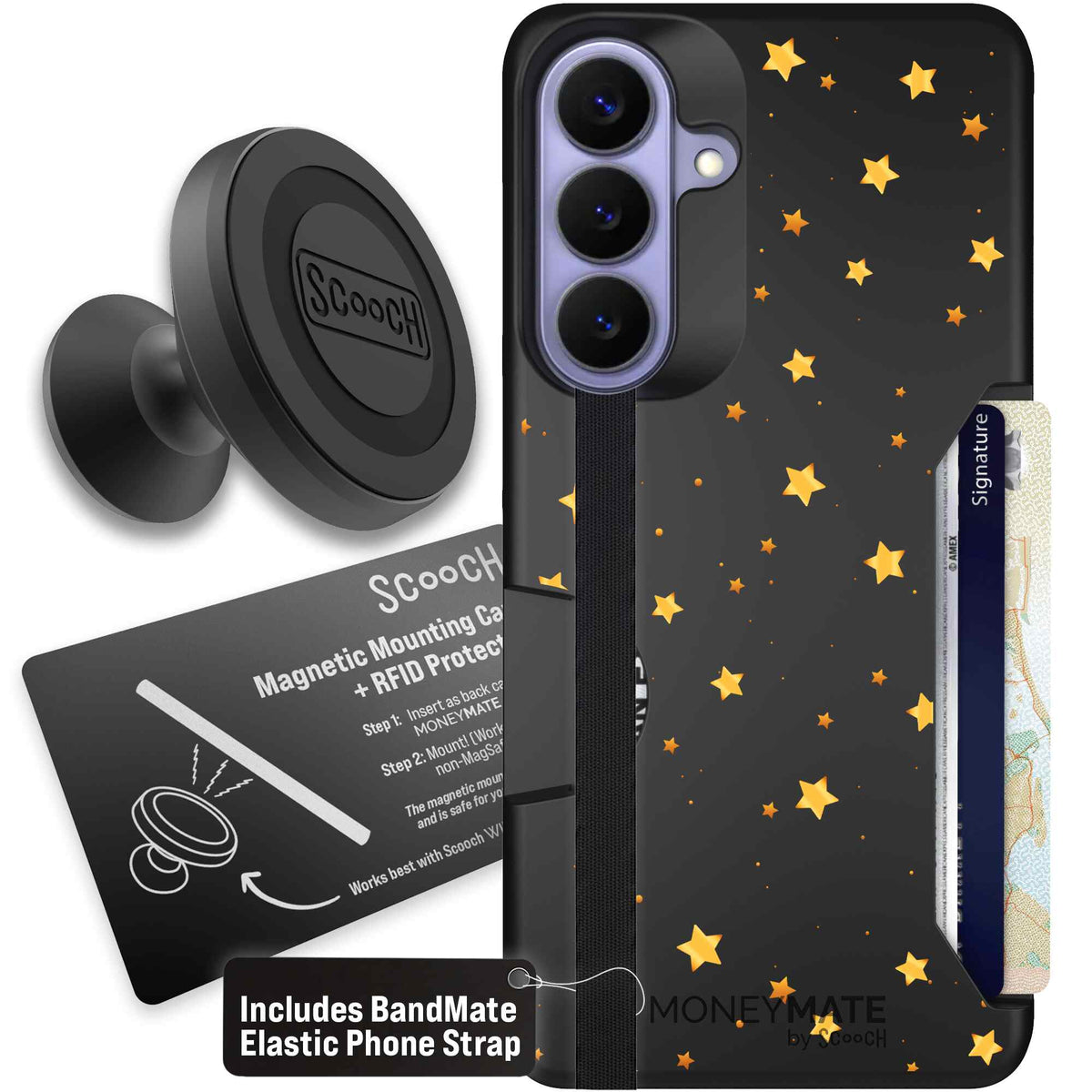 Gold Stars yellow and gold star pattern on a charcoal scoochzza Moneymate case for Galaxy S26+ - Starter Bundle