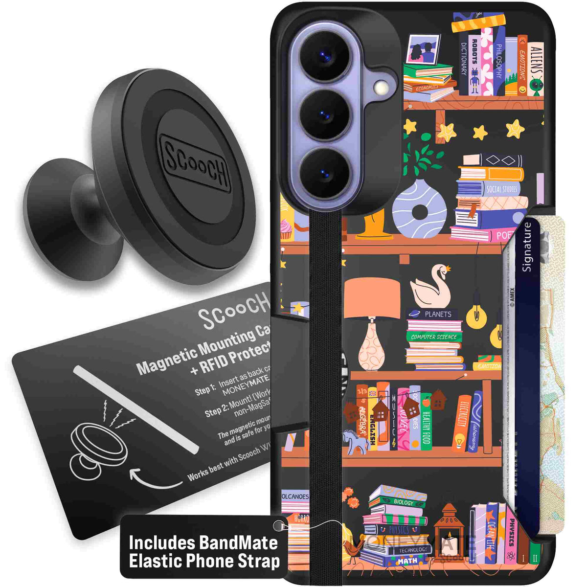 Little Library colorful book and bookshelf pattern on a scoochzza Moneymate case for Galaxy S26+ - Starter Bundle