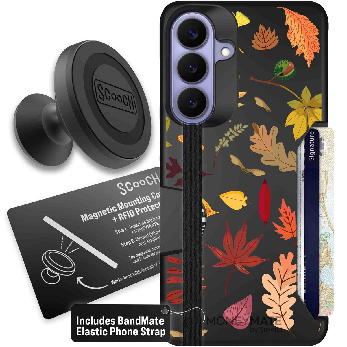 Autumn Leaves multicolored fall foliage pattern on a charcoal scoochzza Moneymate case for Galaxy S26+ - Starter Bundle