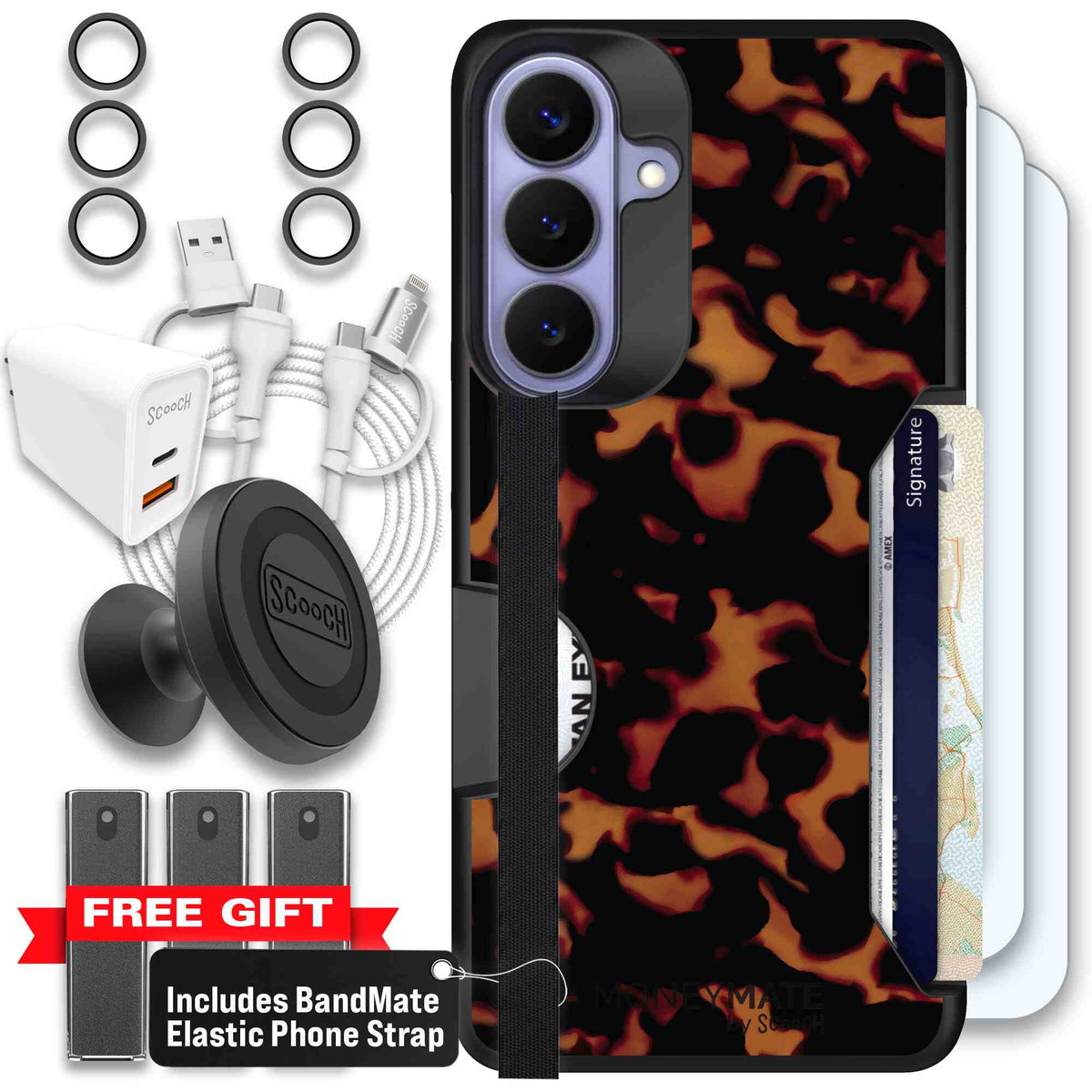 Tortoise Shell amber brown and black mottled pattern on a scoochzza Moneymate case for Galaxy S26+ - Ultimate Bundle
