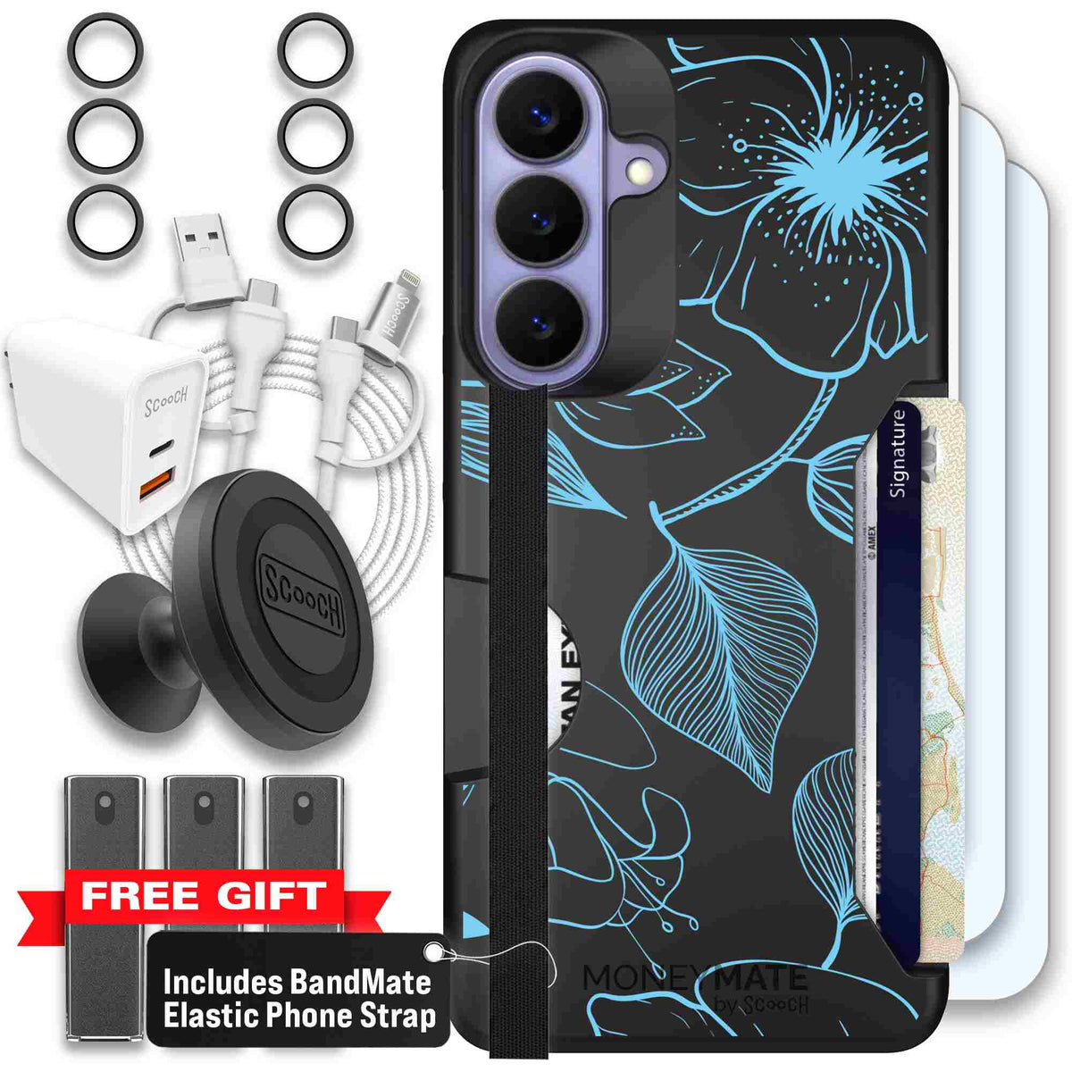 Blue Hibiscus cyan-blue tropical flower pattern on a charcoal scoochzza Moneymate case for Galaxy S26+ - Ultimate Bundle