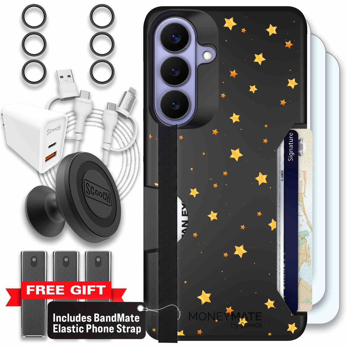 Gold Stars yellow and gold star pattern on a charcoal scoochzza Moneymate case for Galaxy S26+ - Ultimate Bundle