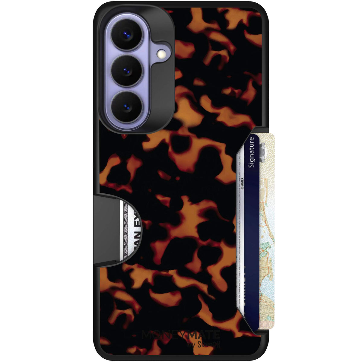 Tortoise Shell amber brown and black mottled pattern on a scoochzza Moneymate case for Galaxy S26+