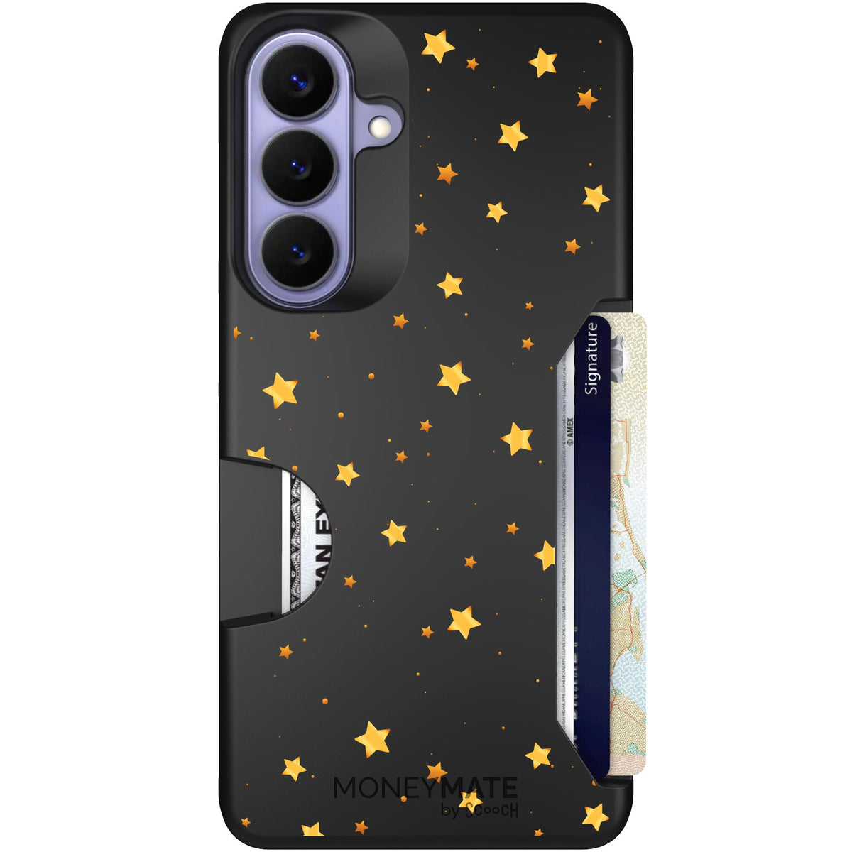Gold Stars yellow and gold star pattern on a charcoal scoochzza Moneymate case for Galaxy S26+