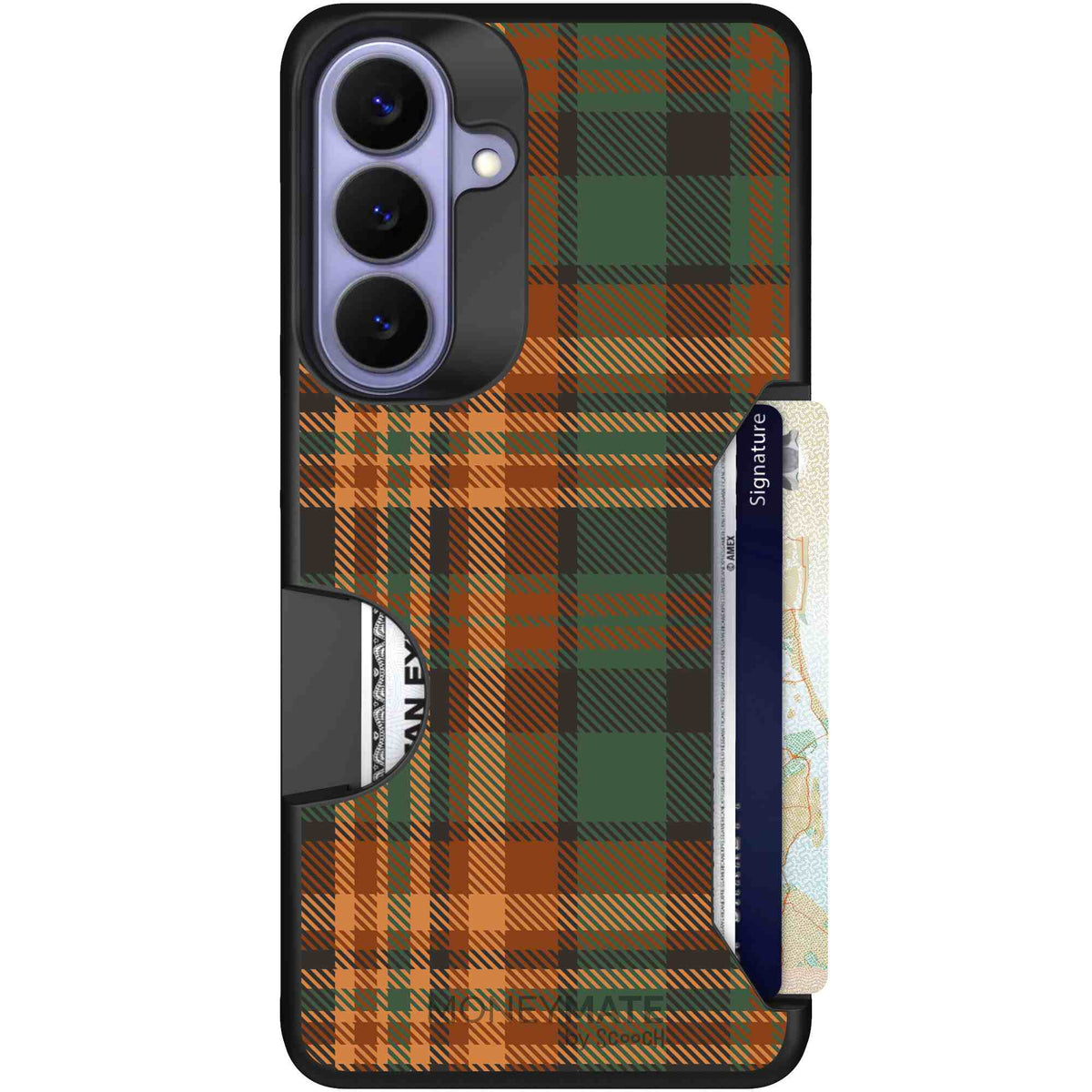 Fall Flannel orange and brown plaid pattern on a scoochzza Moneymate case for Galaxy S26+