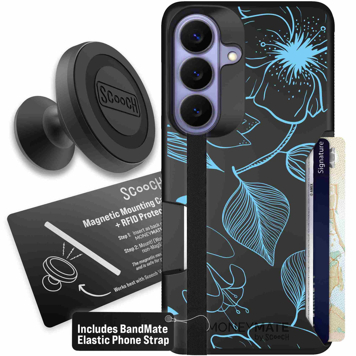 Blue Hibiscus cyan-blue tropical flower pattern on a charcoal scoochzza Moneymate case for Galaxy S26 - Starter Bundle