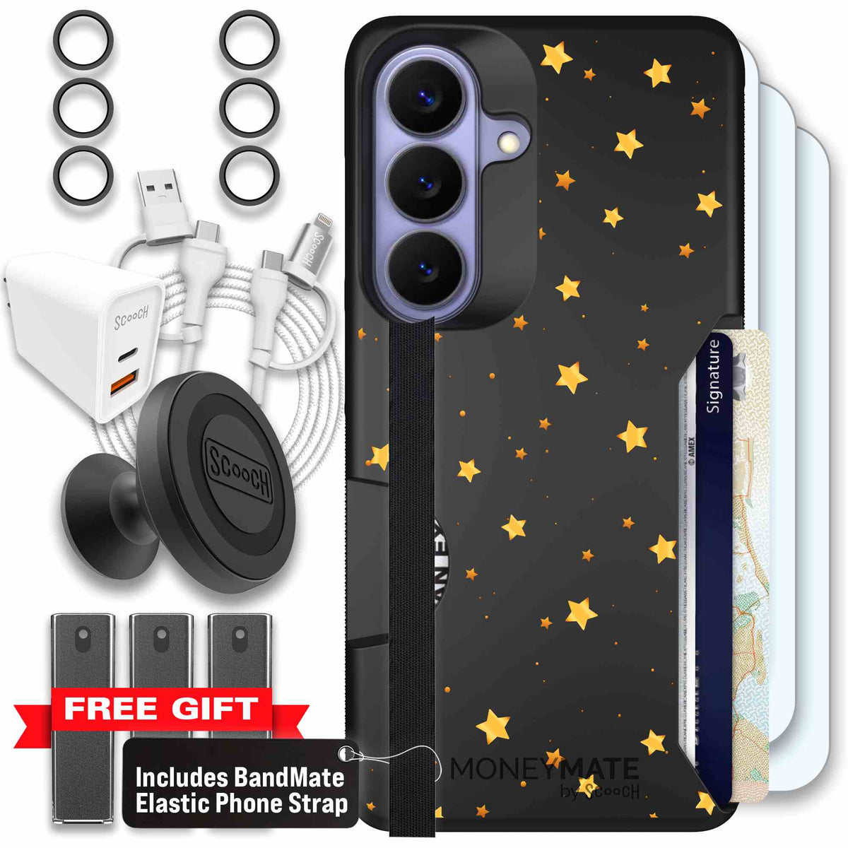 Gold Stars yellow and gold star pattern on a charcoal scoochzza Moneymate case for Galaxy S26 - Ultimate Bundle