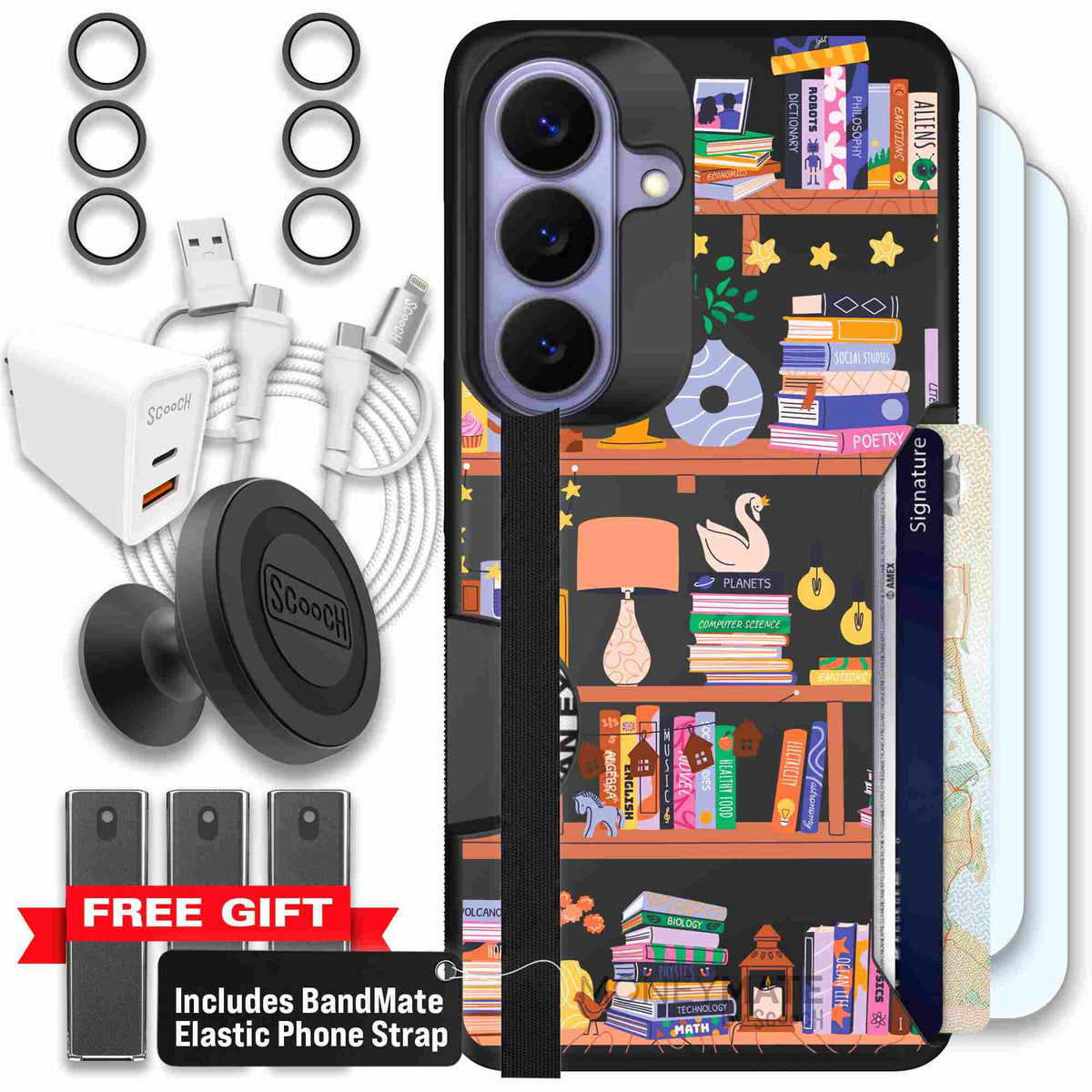 Little Library colorful book and bookshelf pattern on a scoochzza Moneymate case for Galaxy S26 - Ultimate Bundle