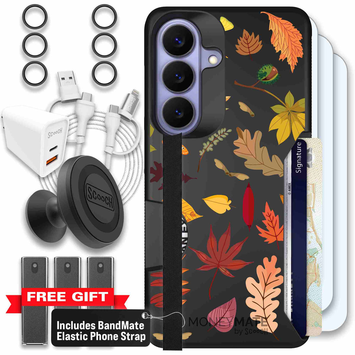 Autumn Leaves multicolored fall foliage pattern on a charcoal scoochzza Moneymate case for Galaxy S26 - Ultimate Bundle