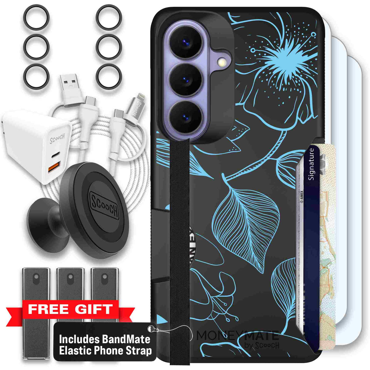 Blue Hibiscus cyan-blue tropical flower pattern on a charcoal scoochzza Moneymate case for Galaxy S26 - Ultimate Bundle