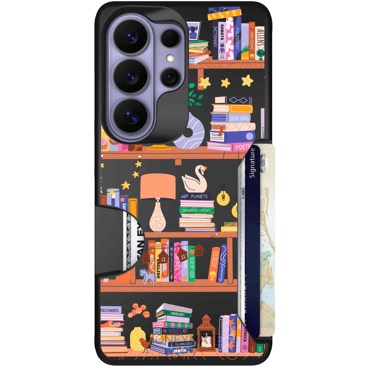 Little Library colorful book and bookshelf pattern on a scoochzza Moneymate case for Galaxy S26 Ultra