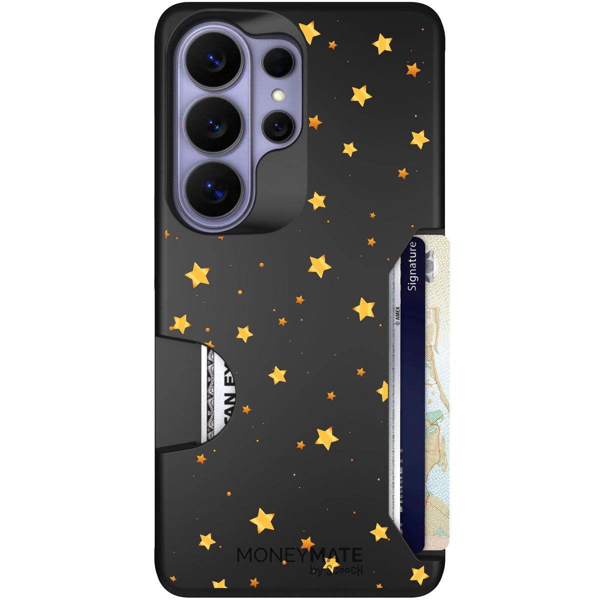 Gold Stars yellow and gold star pattern on a charcoal scoochzza Moneymate case for Galaxy S26 Ultra