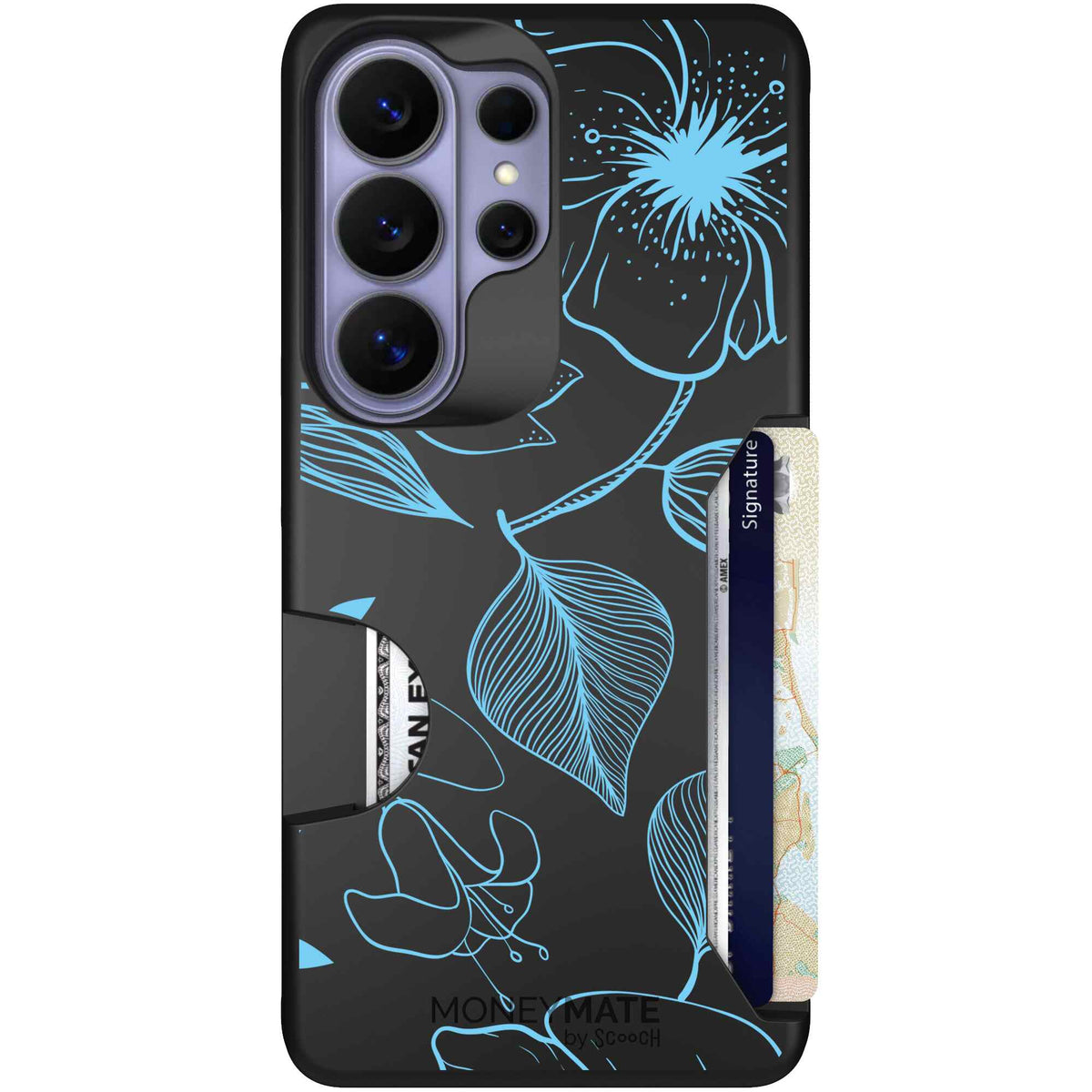 Blue Hibiscus cyan-blue tropical flower pattern on a charcoal scoochzza Moneymate case for Galaxy S26 Ultra
