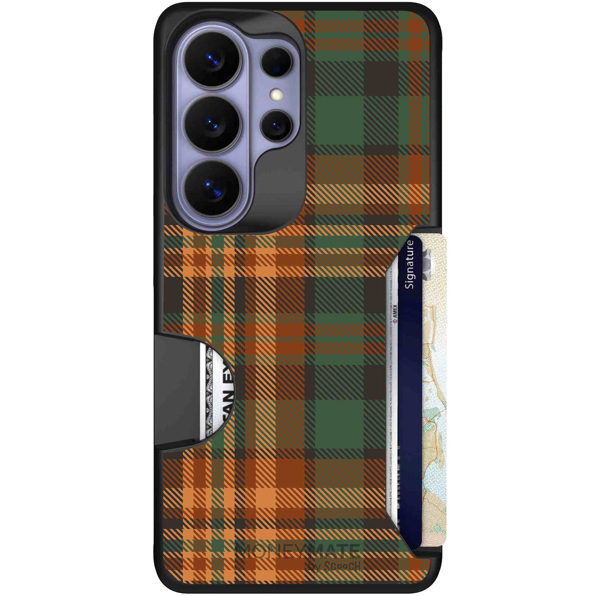 Fall Flannel orange and brown plaid pattern on a scoochzza Moneymate case for Galaxy S26 Ultra