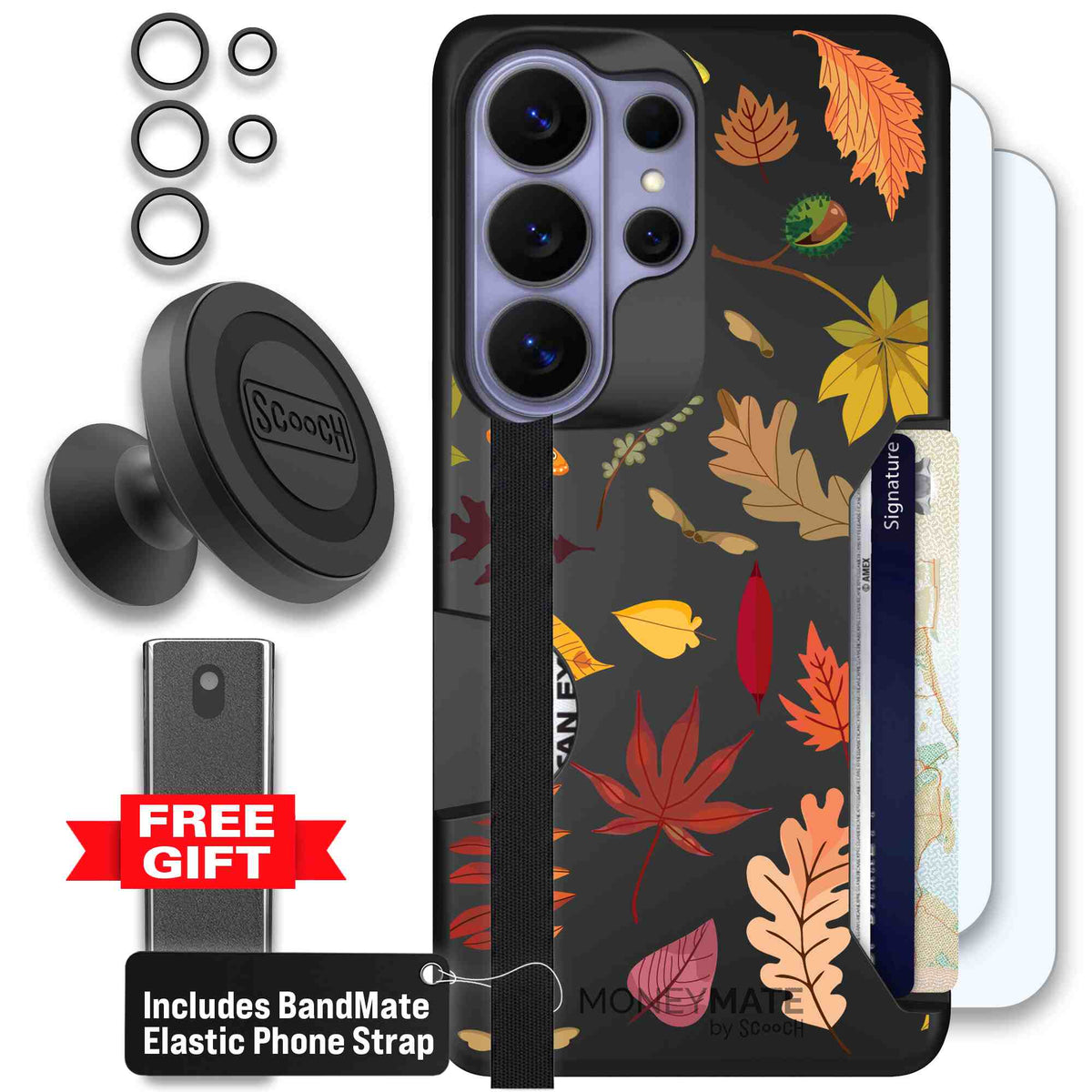 Autumn Leaves multicolored fall foliage pattern on a charcoal scoochzza Moneymate case for Galaxy S26 Ultra - Defender Bundle