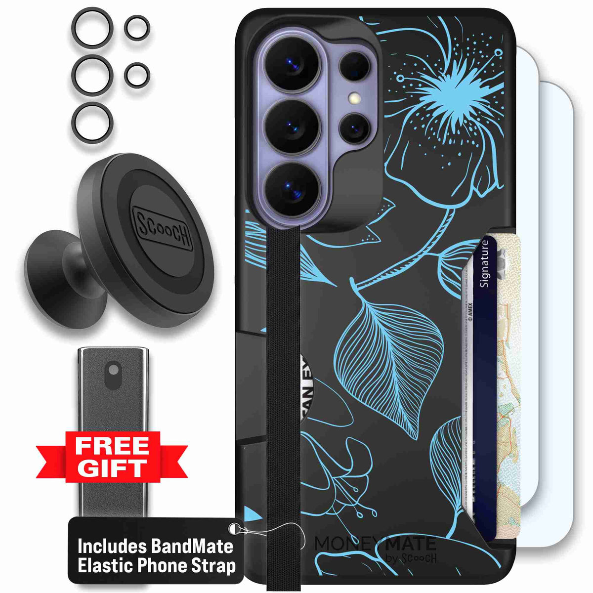 Blue Hibiscus cyan-blue tropical flower pattern on a charcoal scoochzza Moneymate case for Galaxy S26 Ultra - Defender Bundle