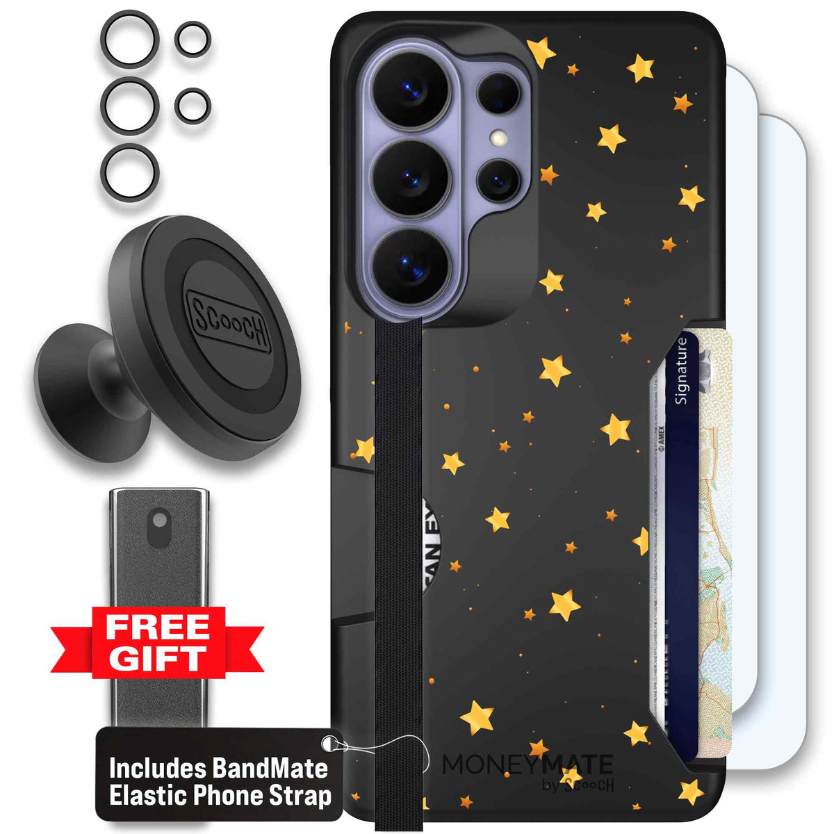 Gold Stars yellow and gold star pattern on a charcoal scoochzza Moneymate case for Galaxy S26 Ultra - Defender Bundle