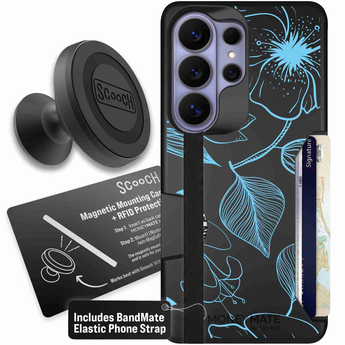 Blue Hibiscus cyan-blue tropical flower pattern on a charcoal scoochzza Moneymate case for Galaxy S26 Ultra - Starter Bundle