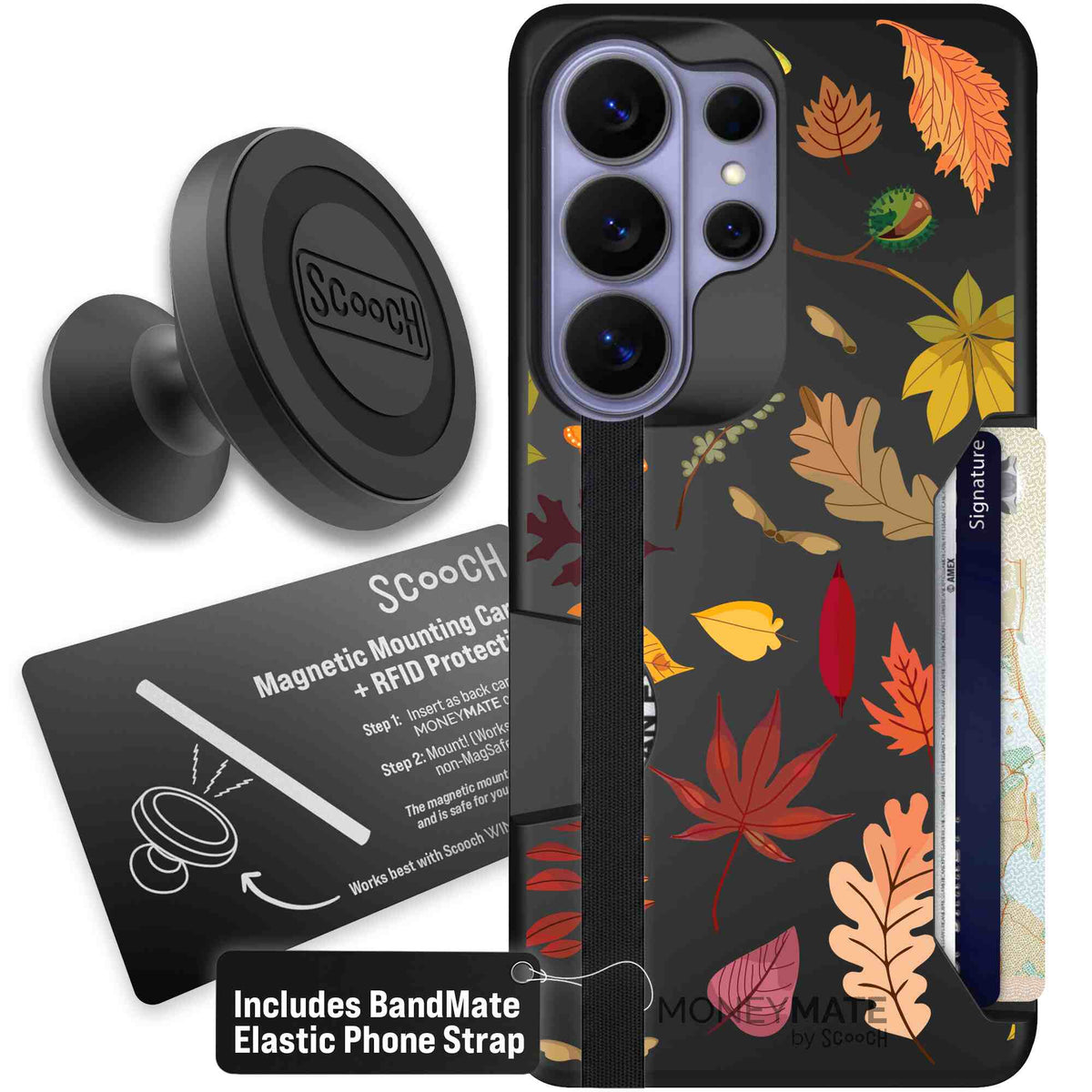Autumn Leaves multicolored fall foliage pattern on a charcoal scoochzza Moneymate case for Galaxy S26 Ultra - Starter Bundle
