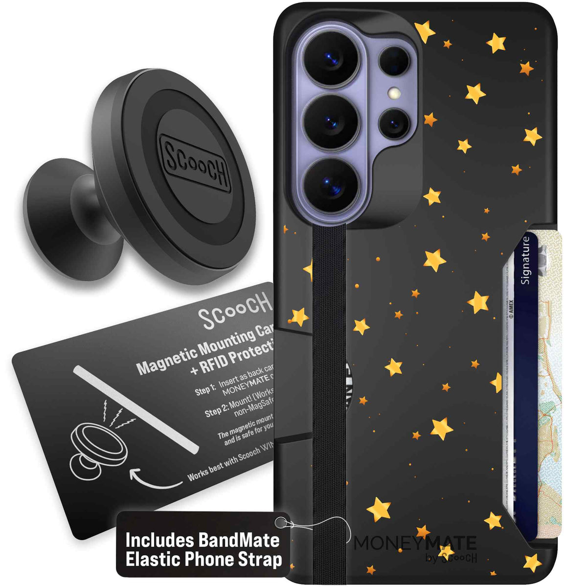 Gold Stars yellow and gold star pattern on a charcoal scoochzza Moneymate case for Galaxy S26 Ultra - Starter Bundle