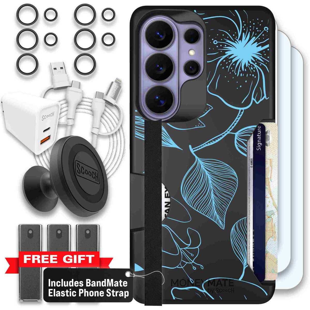 Blue Hibiscus cyan-blue tropical flower pattern on a charcoal scoochzza Moneymate case for Galaxy S26 Ultra - Ultimate Bundle