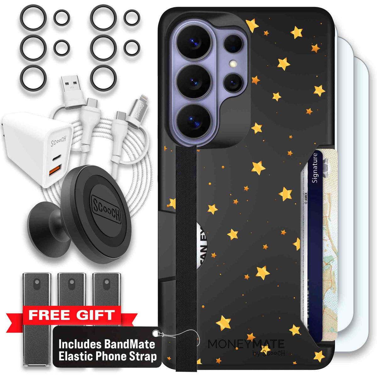 Gold Stars yellow and gold star pattern on a charcoal scoochzza Moneymate case for Galaxy S26 Ultra - Ultimate Bundle