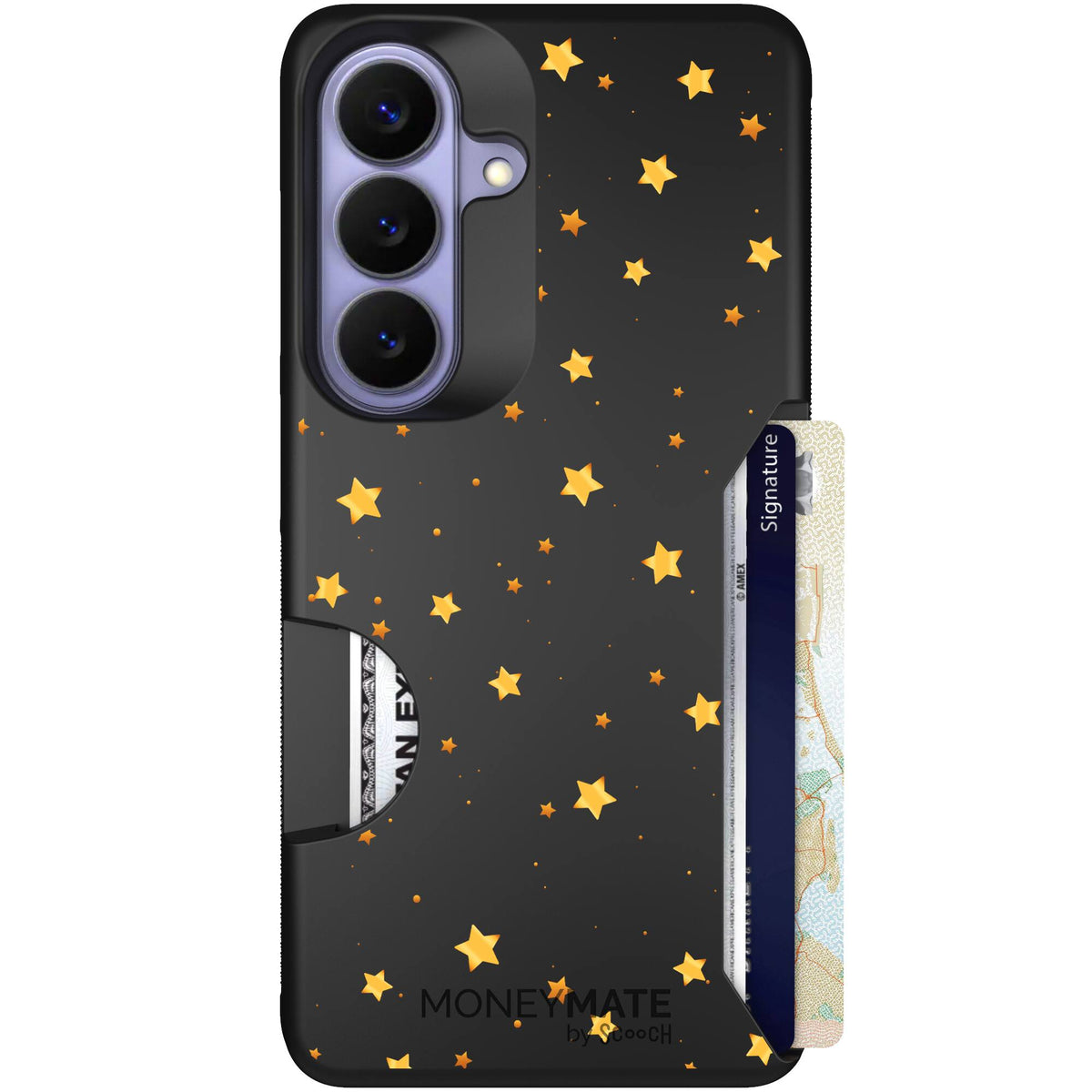 Gold Stars yellow and gold star pattern on a charcoal scoochzza Moneymate case for Galaxy S26