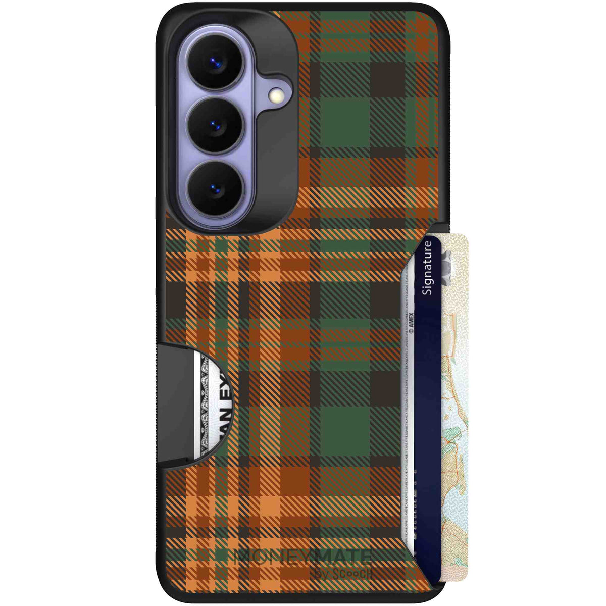 Fall Flannel orange and brown plaid pattern on a scoochzza Moneymate case for Galaxy S26