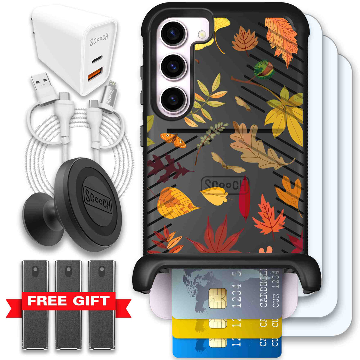 Autumn Leaves multicolored fall foliage pattern on a charcoal scoochzza Wingmate case for Galaxy S23+ - Ultimate Bundle