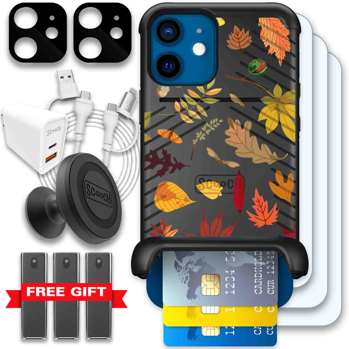 Autumn Leaves multicolored fall foliage pattern on a charcoal scoochzza Wingmate case for iPhone 12 - Ultimate Bundle