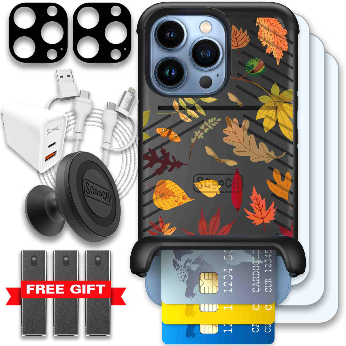 Autumn Leaves multicolored fall foliage pattern on a charcoal scoochzza Wingmate case for iPhone 13 Pro - Ultimate Bundle