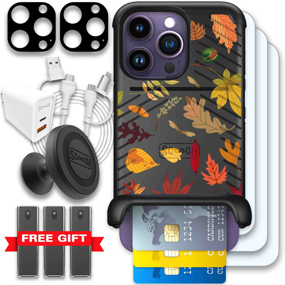 Autumn Leaves multicolored fall foliage pattern on a charcoal scoochzza Wingmate case for iPhone 14 Pro - Ultimate Bundle