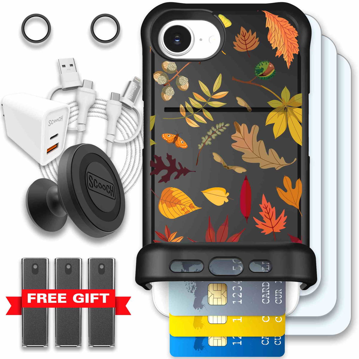 Autumn Leaves multicolored fall foliage pattern on a charcoal scoochzza Wingmate case for iPhone 17e - Ultimate Bundle