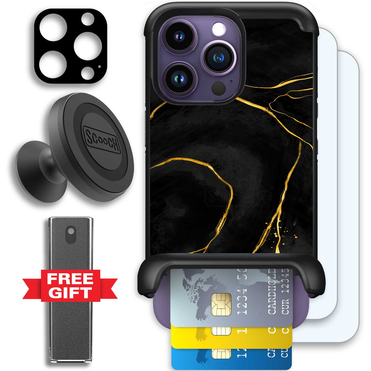 Wingmate Black Marble for iPhone 14 Pro - Defender Bundle