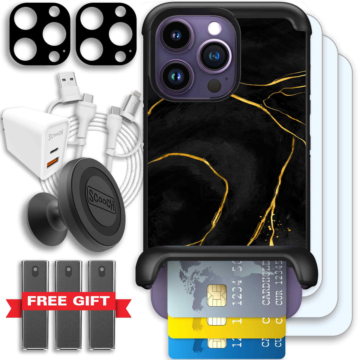 Wingmate Black Marble for iPhone 14 Pro - Ultimate Bundle