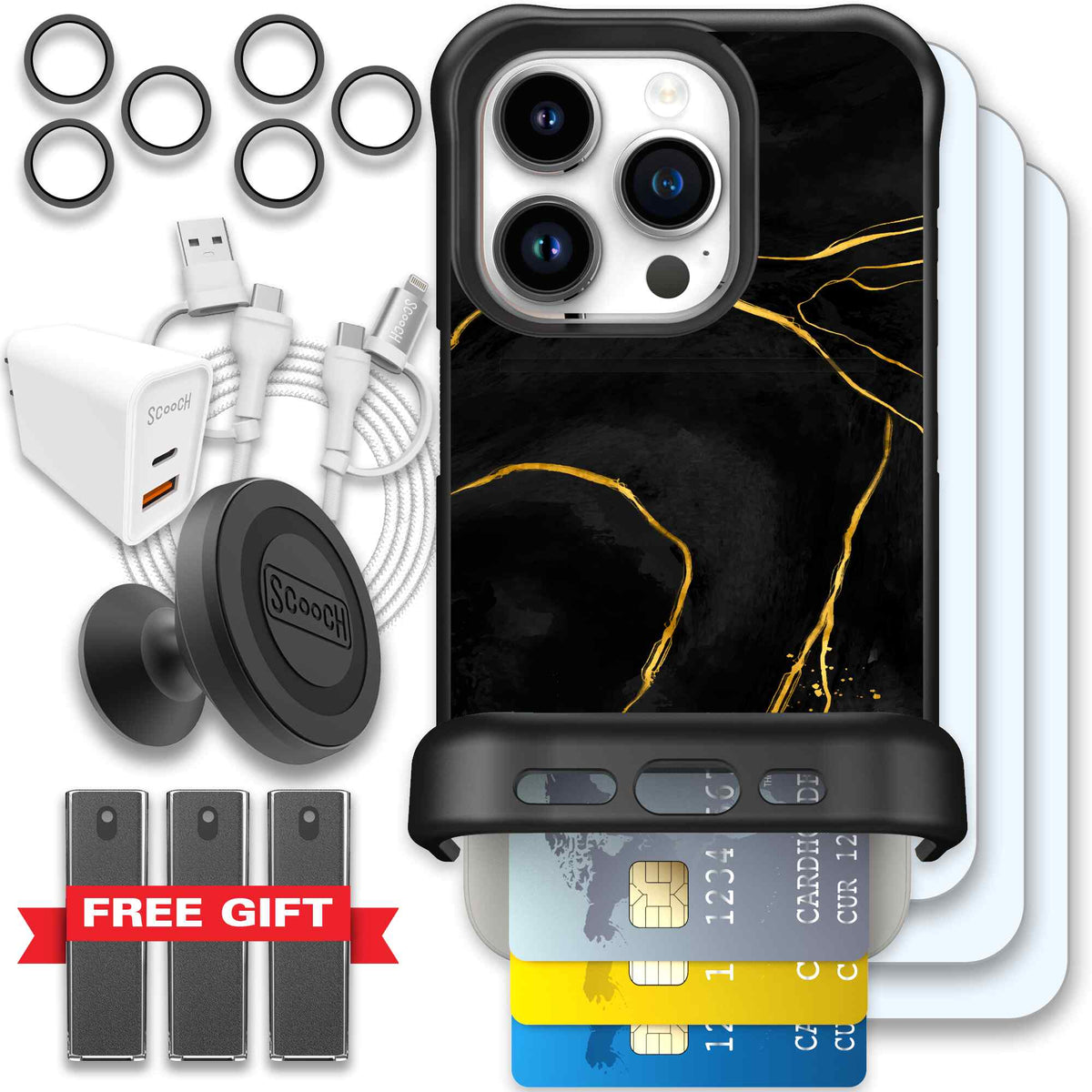 Wingmate Black Marble for iPhone 15 Pro - Ultimate Bundle