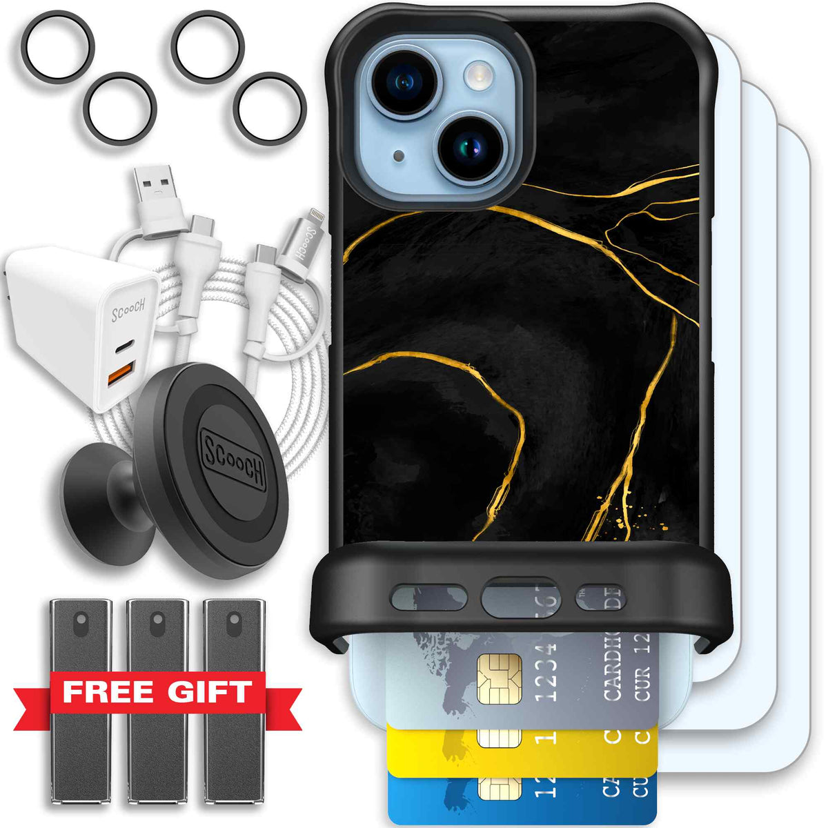 Wingmate Black Marble for iPhone 15 - Ultimate Bundle