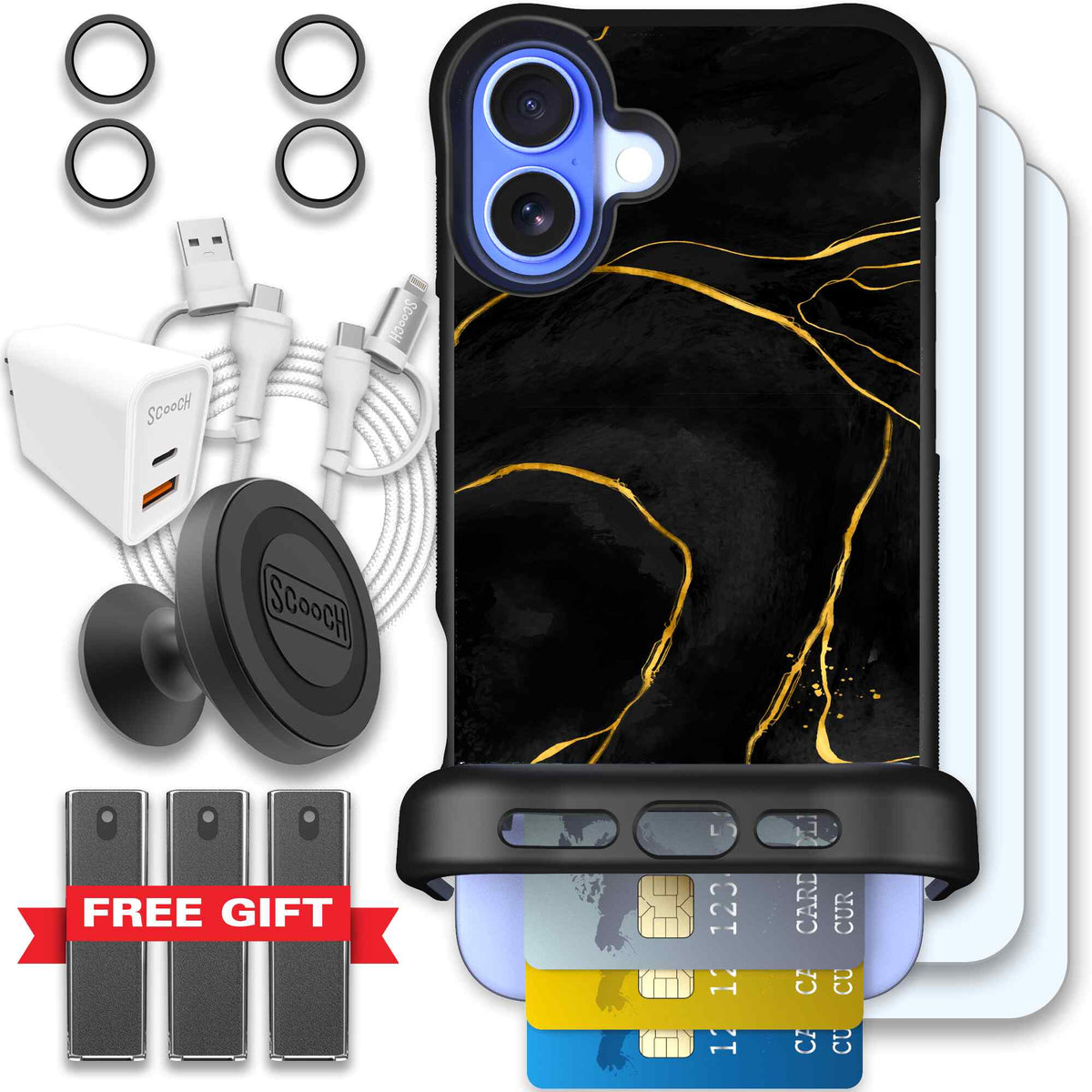 Wingmate Black Marble for iPhone 16 Plus - Ultimate Bundle