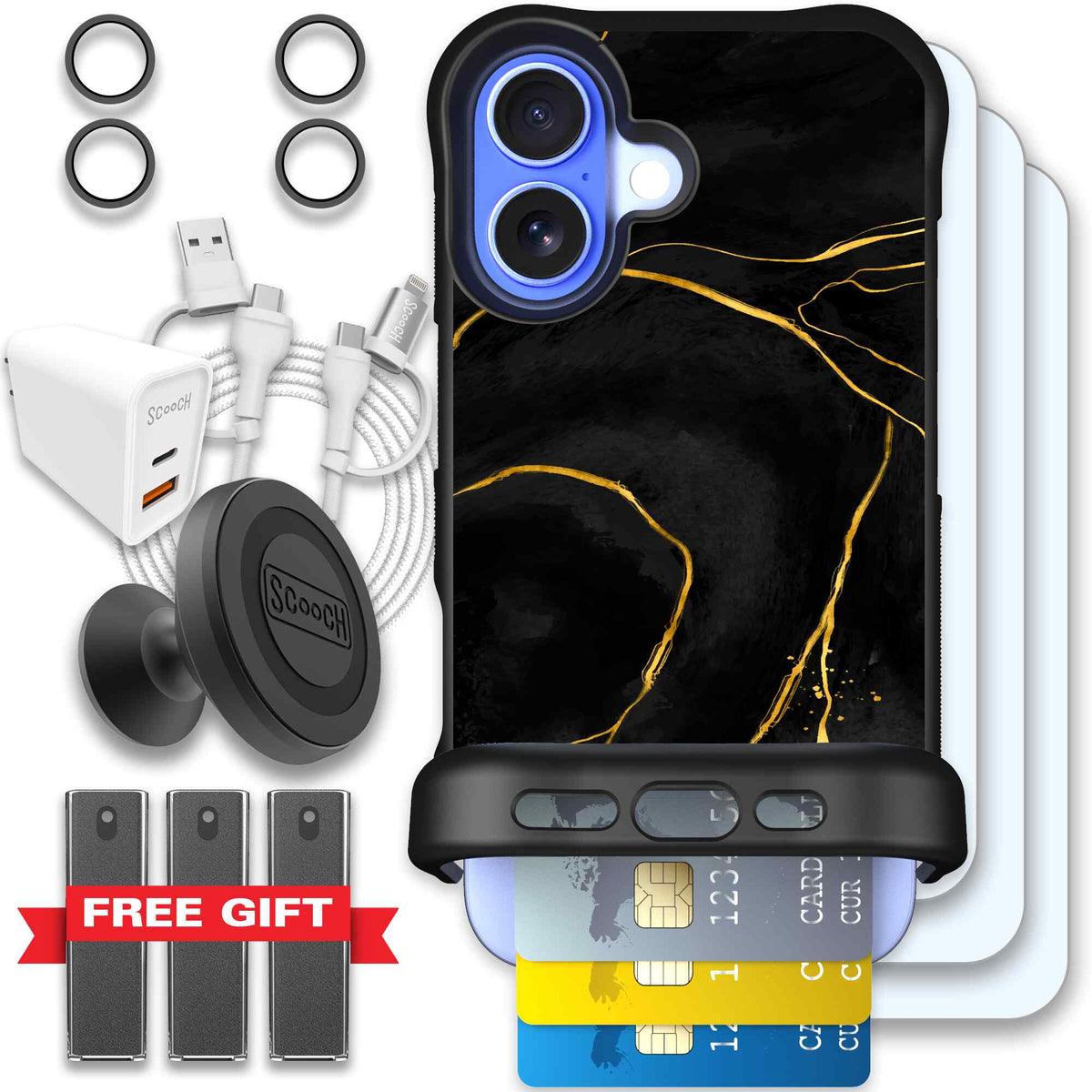 Wingmate Black Marble for iPhone 16 - Ultimate Bundle