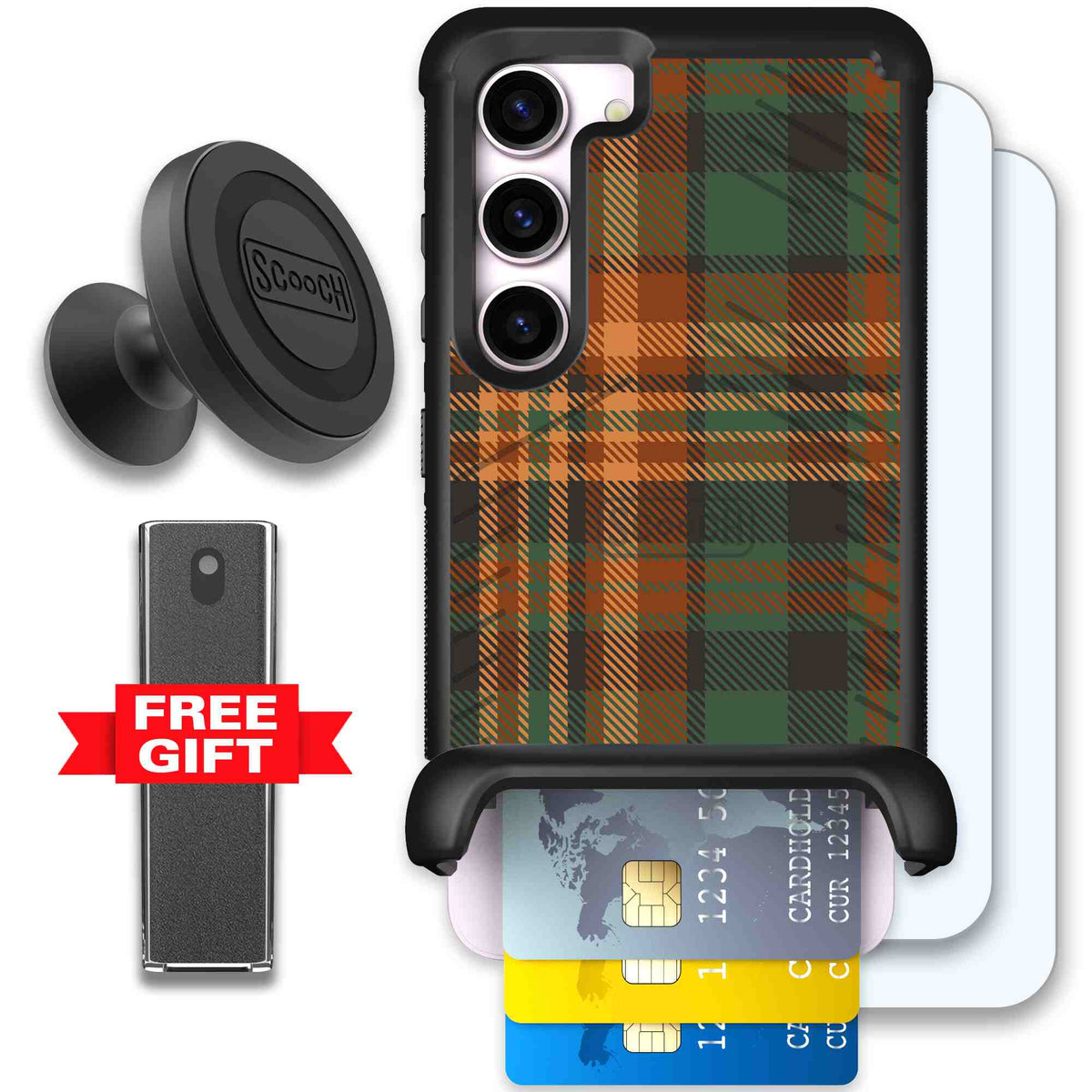Fall Flannel orange and brown plaid pattern on a scoochzza Wingmate case for Galaxy S23 - Defender Bundle