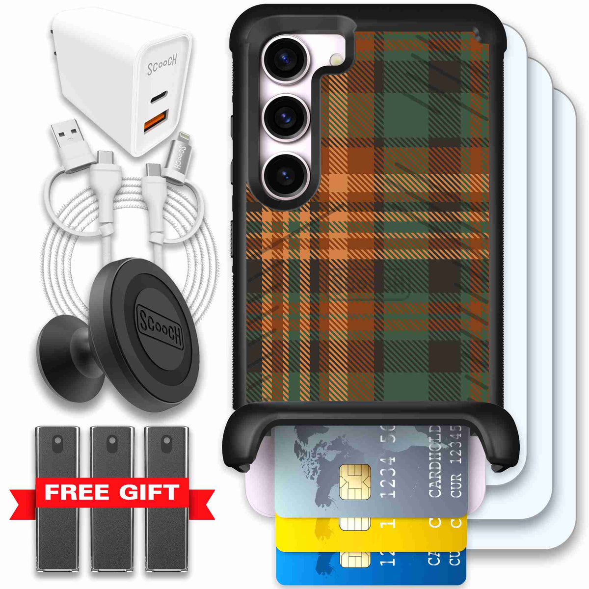 Fall Flannel orange and brown plaid pattern on a scoochzza Wingmate case for Galaxy S23 - Ultimate Bundle