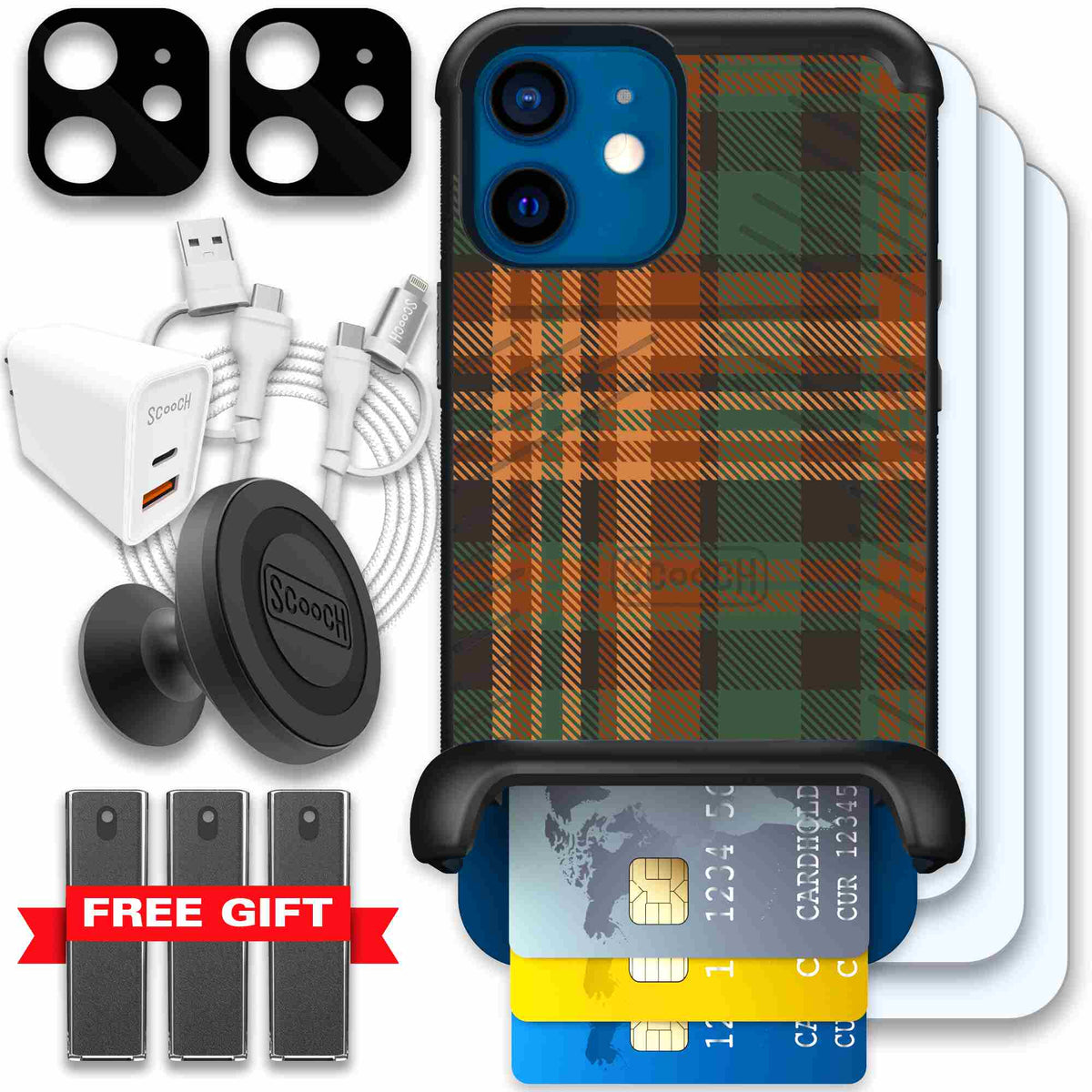Fall Flannel orange and brown plaid pattern on a scoochzza Wingmate case for iPhone 12 - Ultimate Bundle