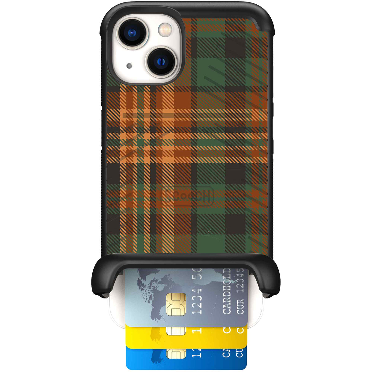 Fall Flannel orange and brown plaid pattern on a scoochzza Wingmate case for iPhone 13