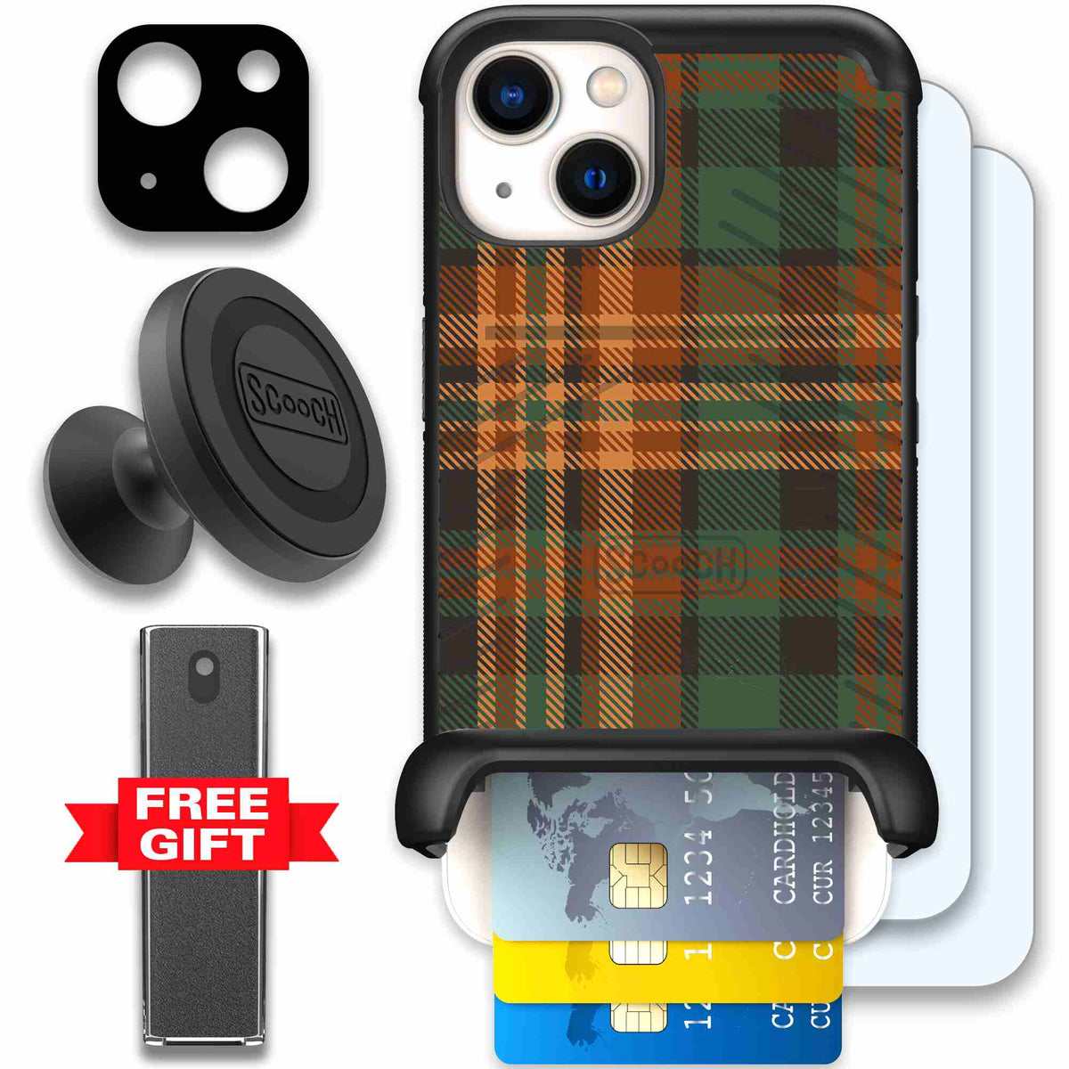 Fall Flannel orange and brown plaid pattern on a scoochzza Wingmate case for iPhone 13 - Defender Bundle