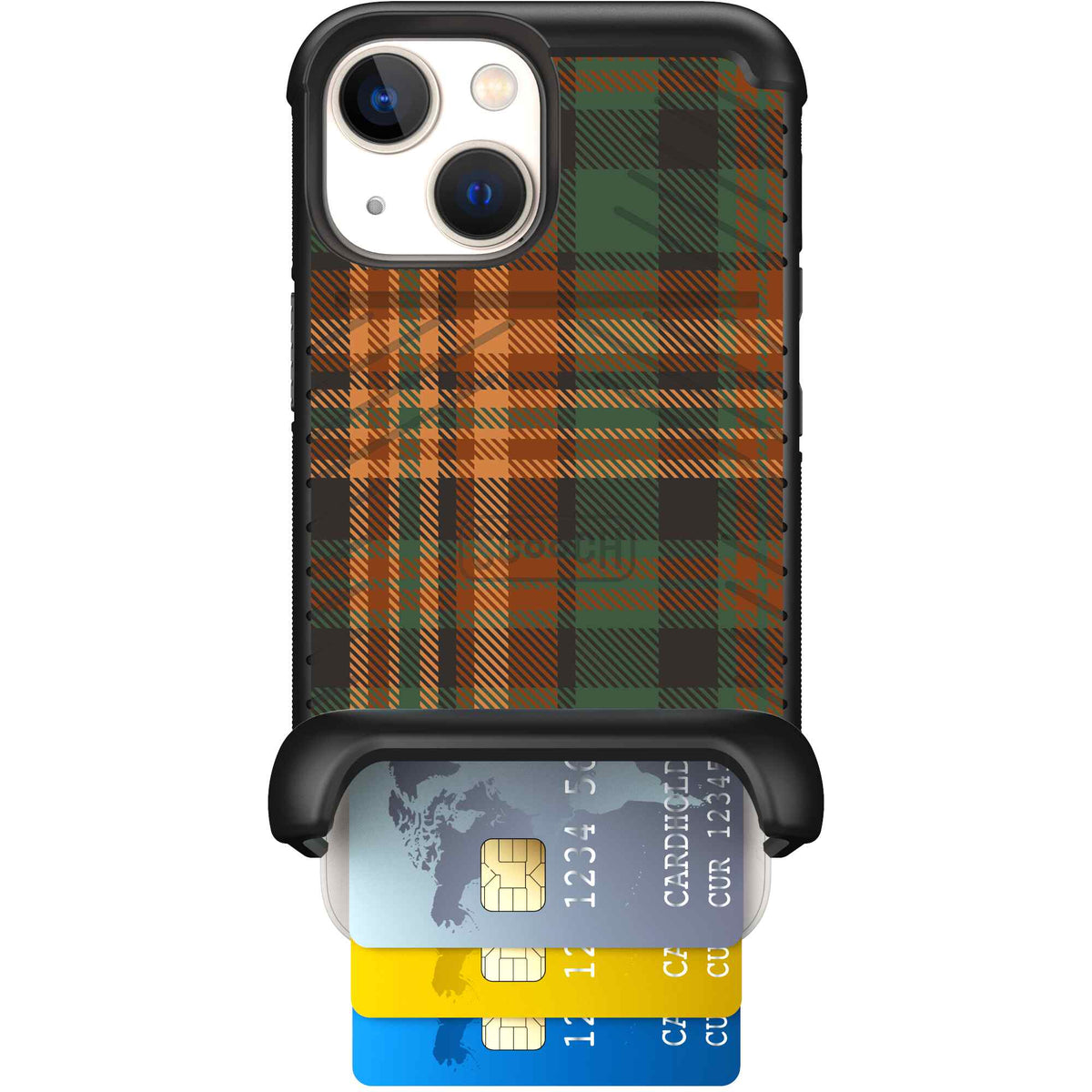 Fall Flannel orange and brown plaid pattern on a scoochzza Wingmate case for iPhone 13 mini
