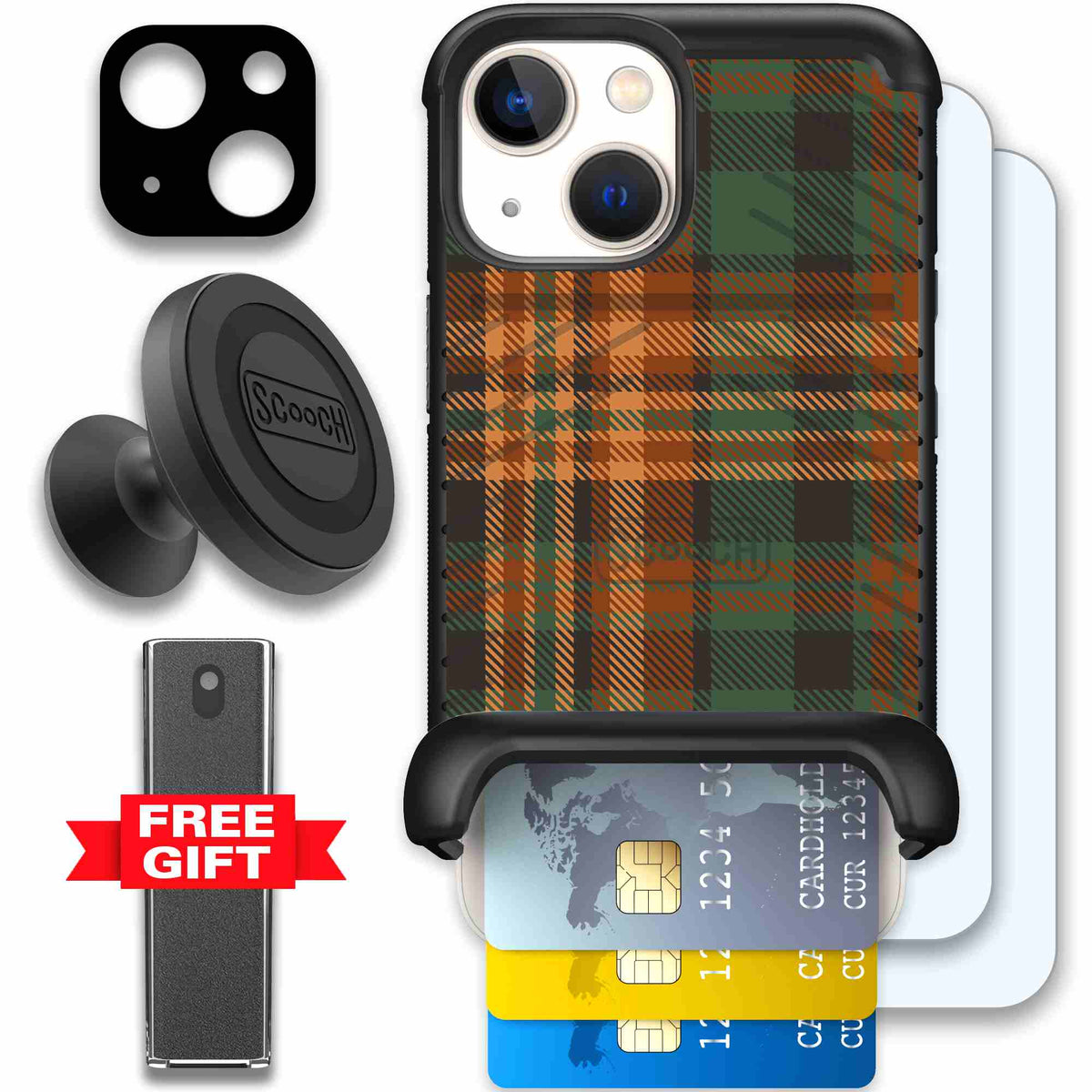 Fall Flannel orange and brown plaid pattern on a scoochzza Wingmate case for iPhone 13 mini - Defender Bundle