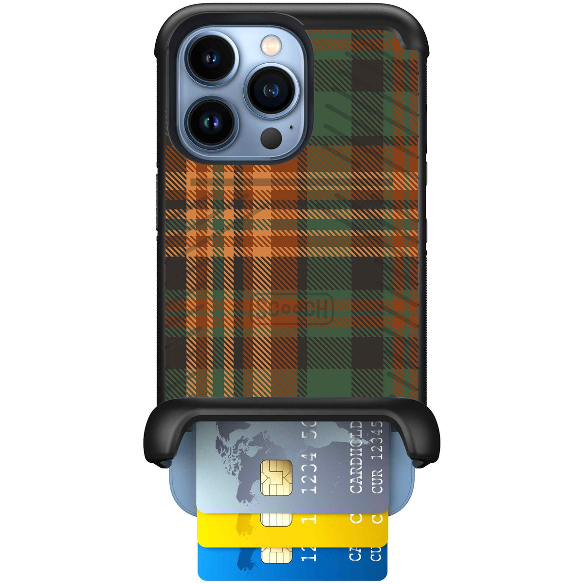 Fall Flannel orange and brown plaid pattern on a scoochzza Wingmate case for iPhone 13 Pro
