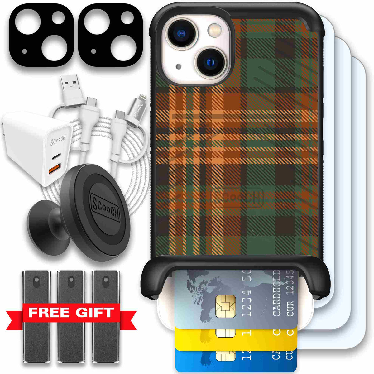 Fall Flannel orange and brown plaid pattern on a scoochzza Wingmate case for iPhone 13 - Ultimate Bundle