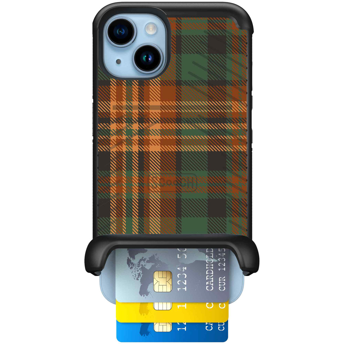 Fall Flannel orange and brown plaid pattern on a scoochzza Wingmate case for iPhone 14