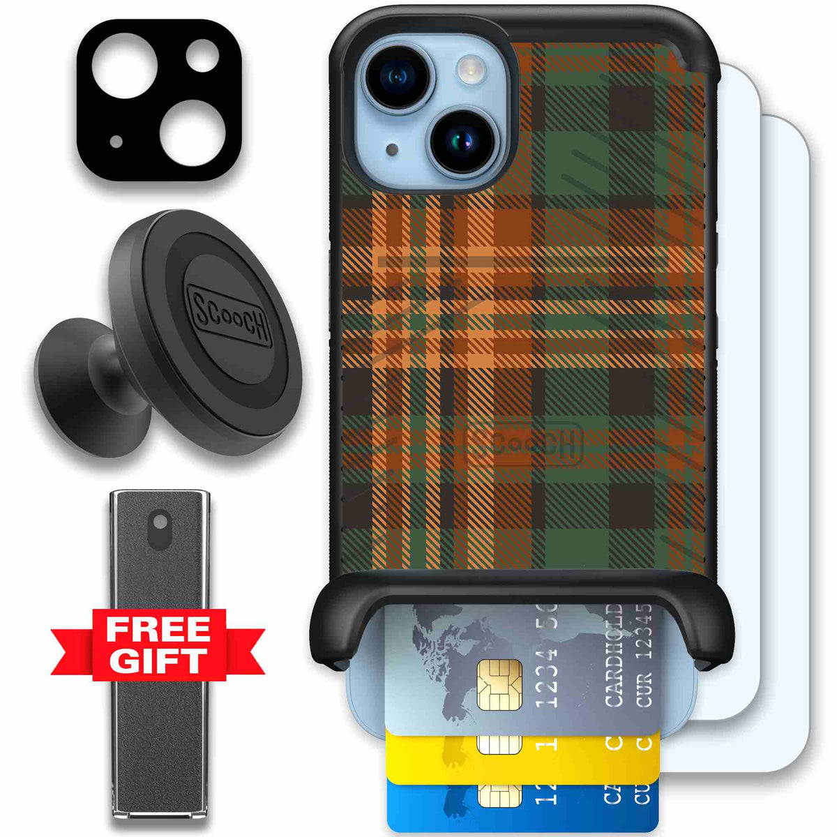 Fall Flannel orange and brown plaid pattern on a scoochzza Wingmate case for iPhone 14 - Defender Bundle